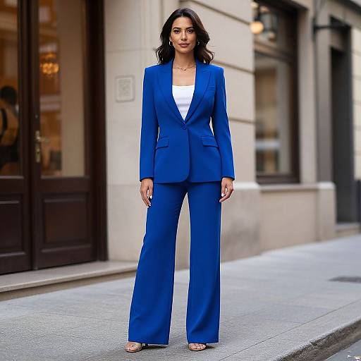 Photograph of a confident woman with dark wavy hair, wearing a bright blue tailored suit, white top, and open-toe heels, standing on