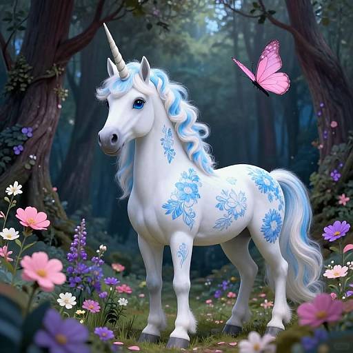 Digital artwork of a white unicorn with blue floral patterns, standing in a magical forest with colorful flowers and a pink butterfly.