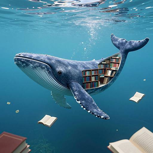 Photorealistic CGI of a blue whale with books inside its belly, swimming underwater with floating papers, evoking a surreal, literary theme.