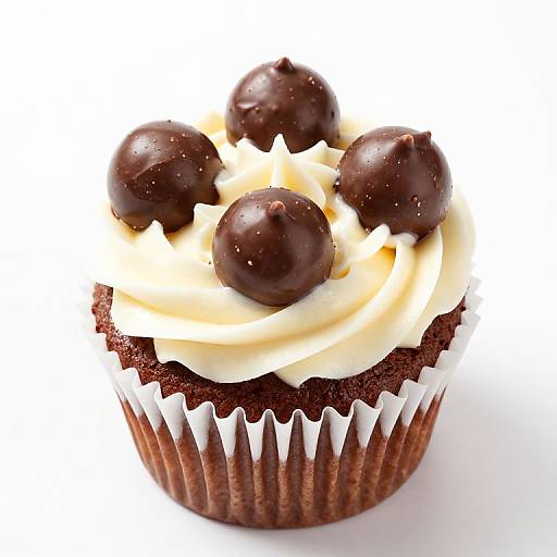 Photograph of a chocolate cupcake with creamy white frosting, topped with five shiny, dark chocolate chips, in a white paper liner.