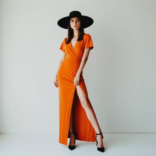 Elegant woman in orange maxi dress with black wide-brimmed hat