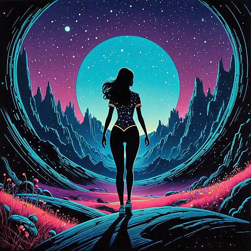 Cosmic Girl in Neon Twilight Landscape
