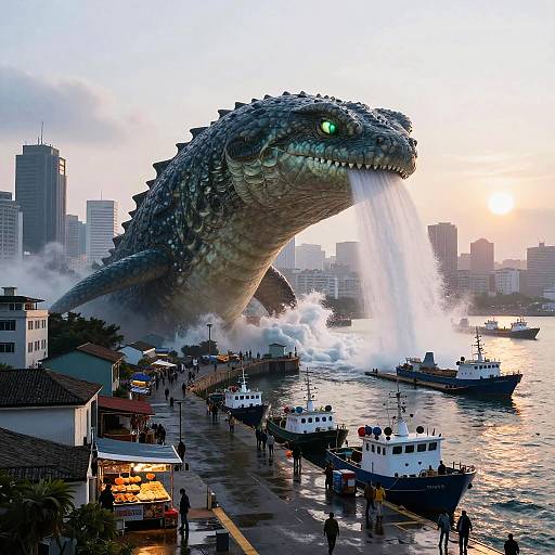 Giant Bioluminescent Sea Serpent Over Harbor