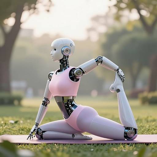 Photograph of a white, female humanoid robot with pink sportswear, doing a yoga pose on a pink mat in a sunlit, green park