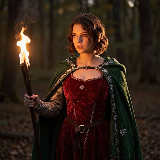 Photograph of a young woman with short brown hair, wearing a red velvet dress and green cloak, holding a torch in a dark forest, illuminated by