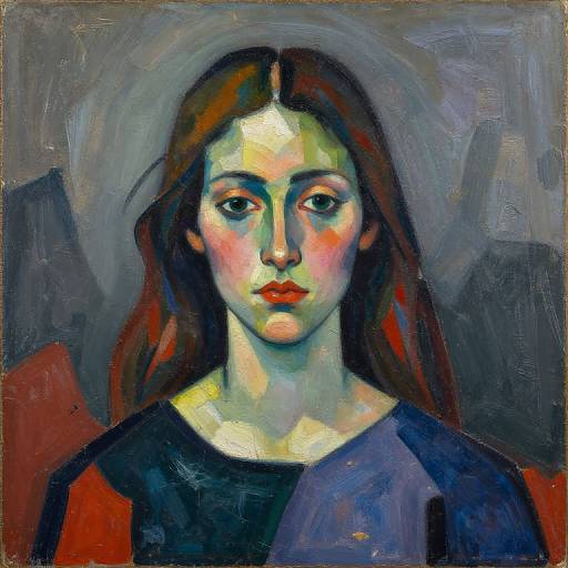 Expressionist oil painting of a young woman with pale skin, red lips, and brown hair, wearing a dark blue top, with a muted gray background