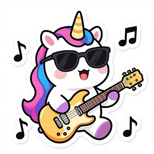 Cute chibi unicorn with pink, blue, and purple mane, wearing black sunglasses, playing a yellow electric guitar, surrounded by musical notes. Digital