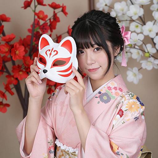 Asian Woman in Pink Kimono Holding Fox Mask