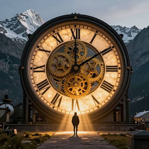 Photograph: Giant illuminated clock with gear mechanisms, standing silhouette in front, mountainous background, glowing orange light, daytime setting.
