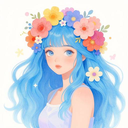 Digital anime-style portrait of a blue-haired woman with a colorful flower crown, large blue eyes, and white tank top, set against a white background.