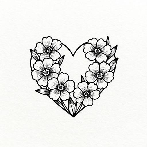 Black and white ink drawing of a heart shape formed by six detailed, five-petaled flowers with small leaves.