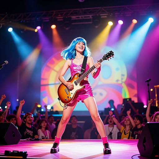 Photograph of a blue-haired woman in a pink dress playing an electric guitar on a brightly lit stage, with a cheering audience.