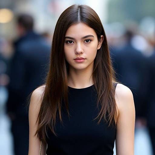 Photograph of a young Asian woman with long, straight brown hair, wearing a sleeveless black dress, standing in a blurred urban background.