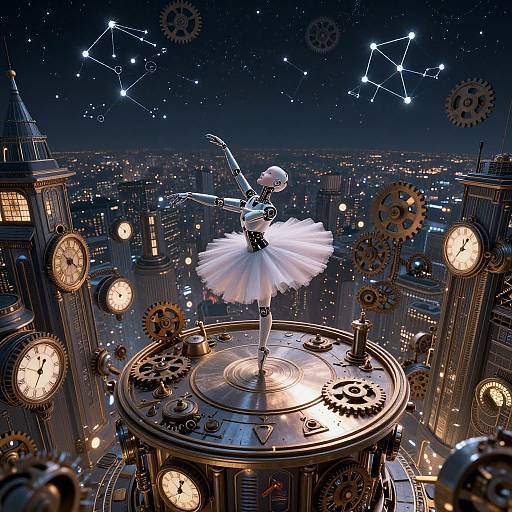 Digital art: A ballerina in a white tutu stands on a clock tower, surrounded by gears, clock faces, and a starry night
