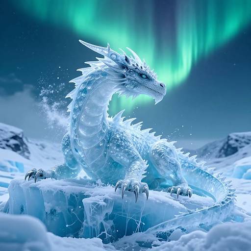 Digital artwork of a glowing, icy blue dragon with sharp spikes, sitting on a frozen landscape under vibrant green auroras. Snow and ice surround the dragon