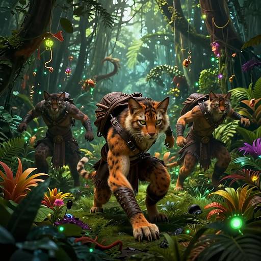 Digital artwork of three anthropomorphic feline warriors with turtle shells, in a lush, glowing jungle, stalking through vibrant, bioluminescent flora.