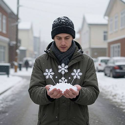 Photograph of a young man in a black beanie and green coat, holding snowflakes in his hands, standing on a snowy urban street.