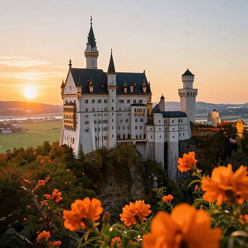 Photograph of a grand, white, medieval-style castle with multiple towers, surrounded by vibrant orange flowers, at sunset, with a golden sky and green