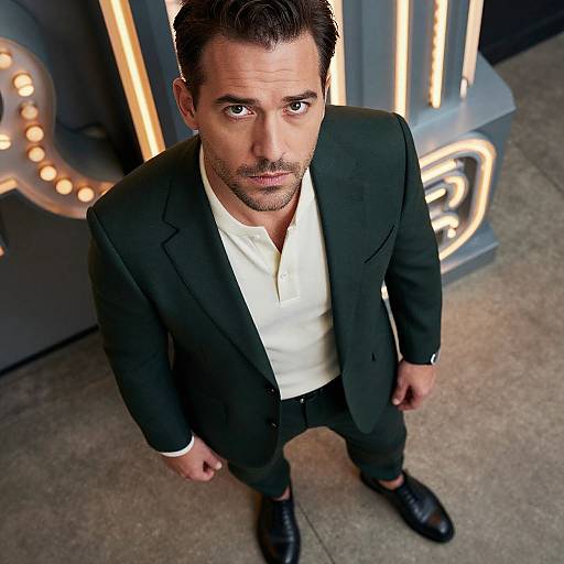 Photograph of a handsome, dark-haired man with light stubble, wearing a black suit, white shirt, and black shoes, looking up at the