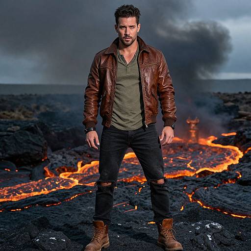Photograph of a muscular man with short dark hair, brown leather jacket, olive shirt, black jeans, and brown boots, standing confidently in front of
