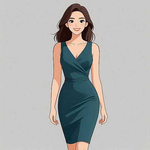 Digital illustration of a smiling woman with long dark brown hair, wearing a form-fitting, sleeveless navy blue dress, standing against a light blue background