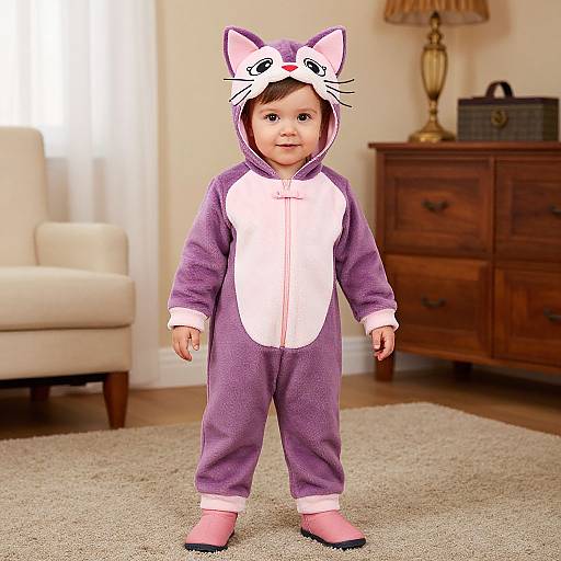 Photograph of a smiling toddler in a purple and pink cat-themed onesie with whiskers and ears, standing in a cozy living room.