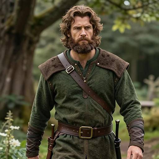 Medieval Man in Green Tunic in Forest