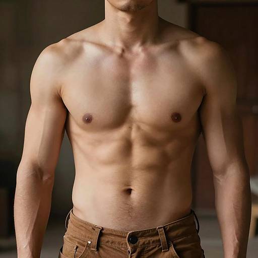 Muscular Shirtless Man in Brown Pants