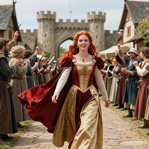 Photorealistic medieval scene: Red-haired princess in gold and red gown with flowing cape, smiling, leads cheering crowd past castle gates.