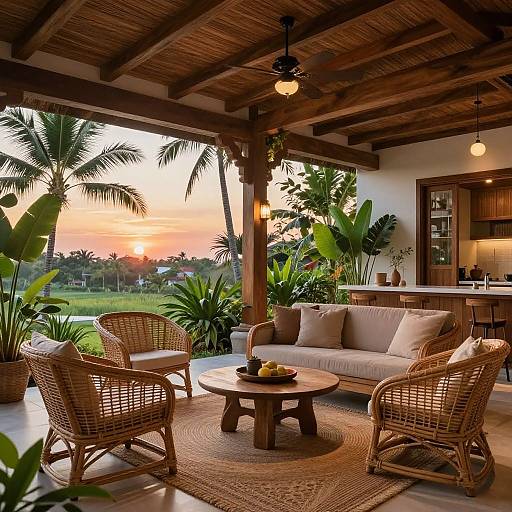 Photograph of a tropical outdoor patio at sunset, featuring wicker chairs, beige sofa, wooden coffee table, potted plants, and a wooden ceiling