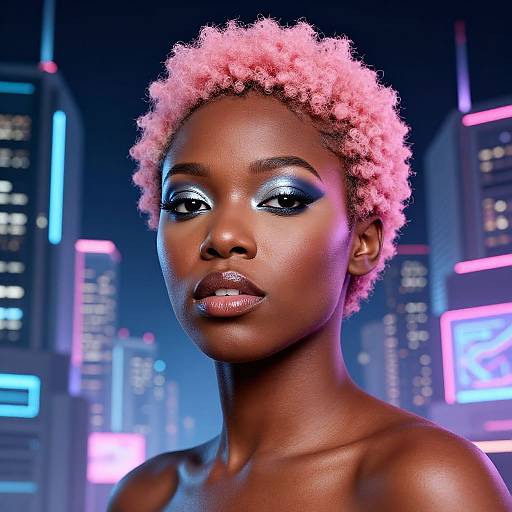 CGI portrait of a dark-skinned woman with pink curly hair, glowing blue eyeshadow, and glossy lips, set against a neon cityscape