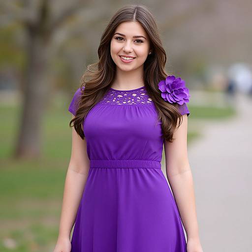 Photograph of a smiling young woman with long brown hair, wearing a vibrant purple dress with floral embroidery and a matching flower on the shoulder, standing in