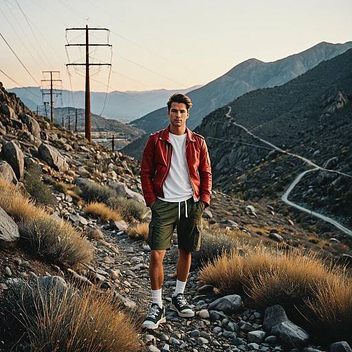 Young Man in Red Leather Jacket Standing on Mountain Trail