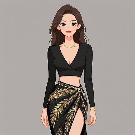 Digital anime-style drawing of a smiling woman with long brown hair, wearing a black V-neck crop top and black skirt with gold leaf patterns, gold necklace