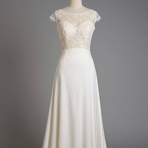 Photograph of a elegant white lace-trimmed wedding dress with short sleeves, flowing satin skirt, displayed against a plain gray background.