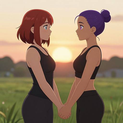 Digital anime-style drawing of two women with short red and purple hair, wearing black sports bras and pants, holding hands, facing each other at sunset in