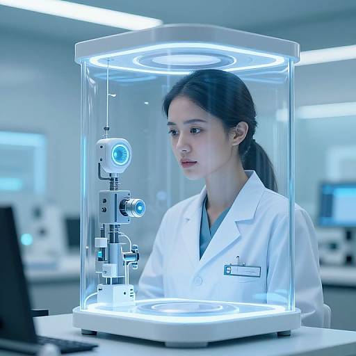 Asian woman in white lab coat, black hair in ponytail, observing robotic device in illuminated, transparent cylindrical case in modern lab.