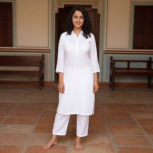 Photograph of a smiling South Asian woman with curly black hair, wearing a white traditional kurta and pants, standing barefoot on terracotta-t
