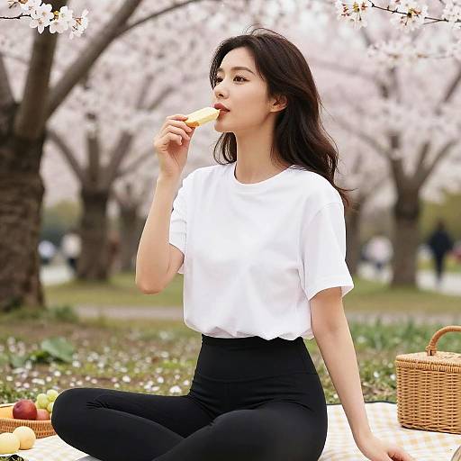 Asian woman with long black hair, white top, and black pants, eating a popsicle in a cherry blossom park, seated on a blanket with a