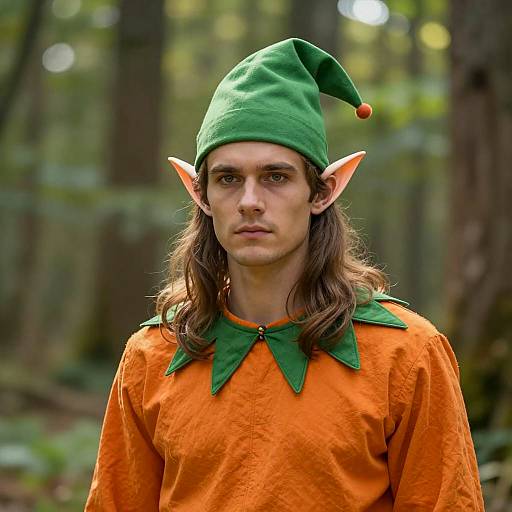 Young Man in Elf Costume in Forest