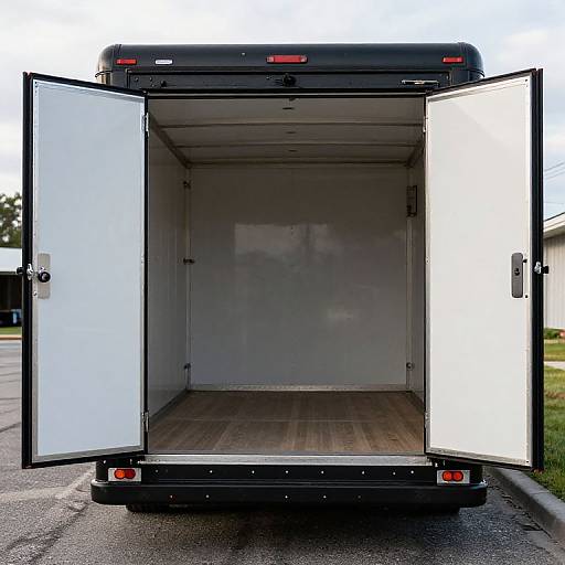 Photograph of an open, empty, white-walled, black-framed trailer with two doors ajar, parked on a paved lot.