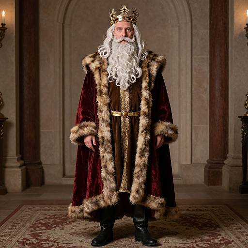 Photograph of a regal king with a long white beard, wearing a golden crown, brown fur-trimmed robe, and black boots, standing
