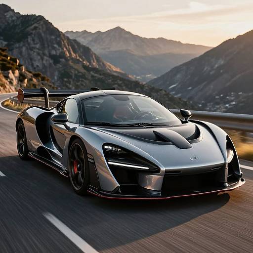Photograph of a sleek, black and silver Porsche 918 Spyder speeding on a mountain road at sunset, with rugged mountains in the background.