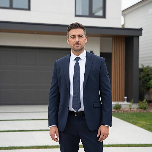 Photograph of a handsome, bearded man in a dark navy suit, white shirt, and black tie, standing in front of a modern, white