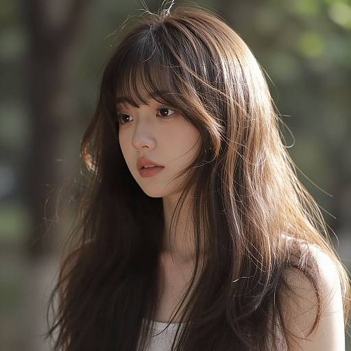 Photograph of an Asian woman with long, dark brown hair and bangs, standing in sunlight, wearing a white top, with a blurred forest background