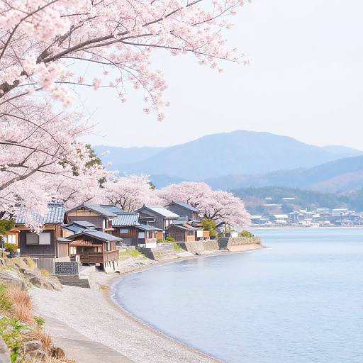 Photograph of a serene Japanese coastal village with cherry blossom trees, traditional wooden houses, and calm blue waters, set against misty mountains.