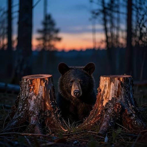 Black Bear Cub Amidst Clear-Cut Forest