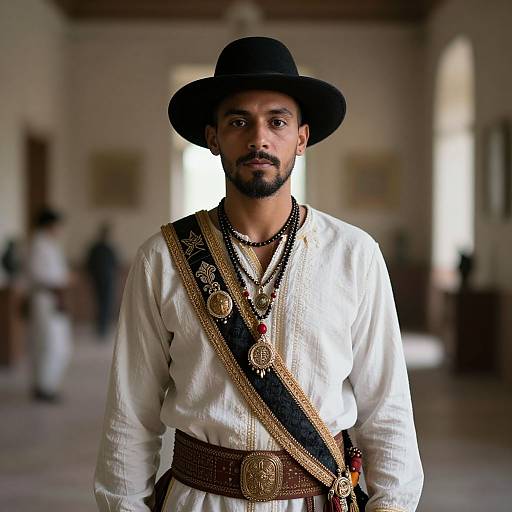 Photograph of a bearded South Asian man in traditional attire, wearing a black hat, white kurta, and ornate black and gold sash
