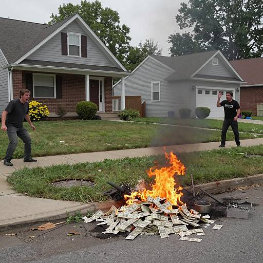 Money Burning on Suburban Street Amid Panic