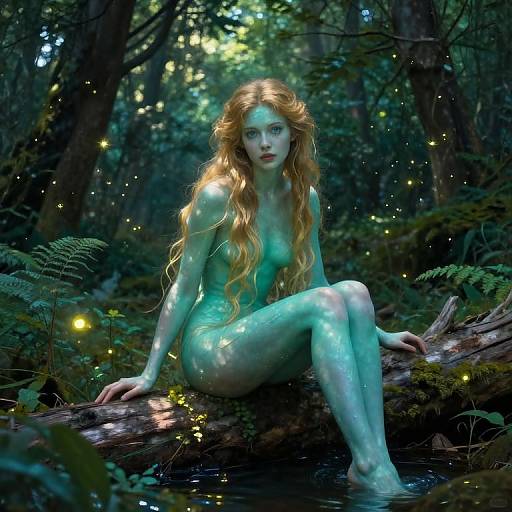 Digital fantasy artwork: ethereal, pale-skinned, nude, red-haired fairy with glowing skin, sitting on forest log, surrounded by fireflies,